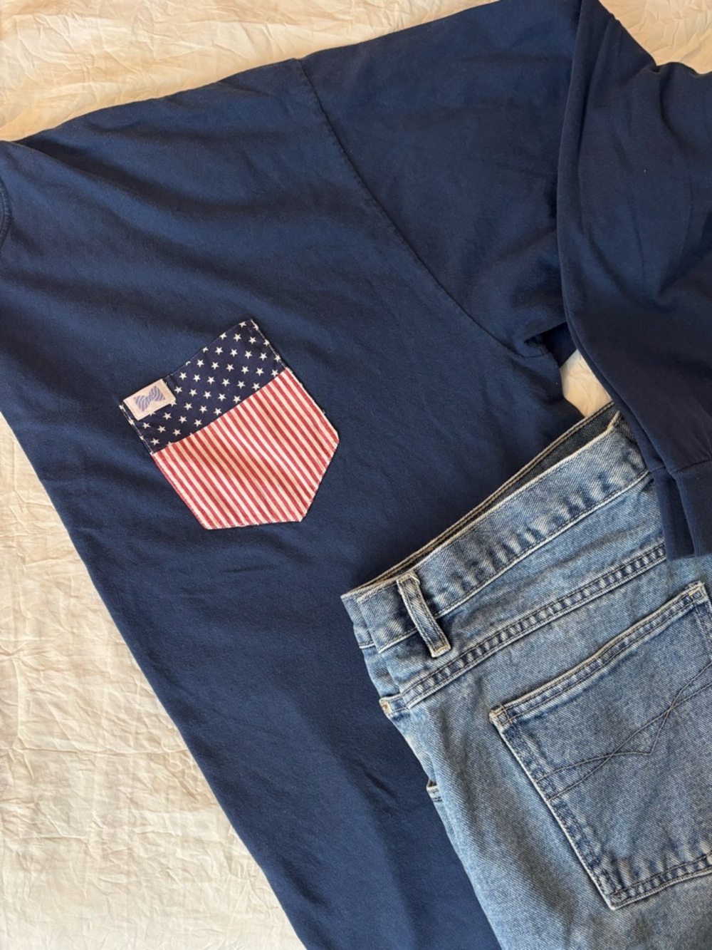 Fraternity Collection Navy Tee with American Flag Pocket 100% Cotton Size 2XL